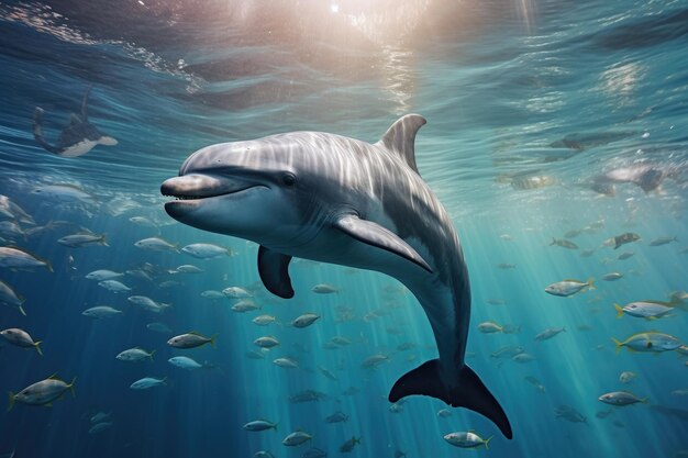 I delfini nuotano nel mare blu in un luogo pittoresco