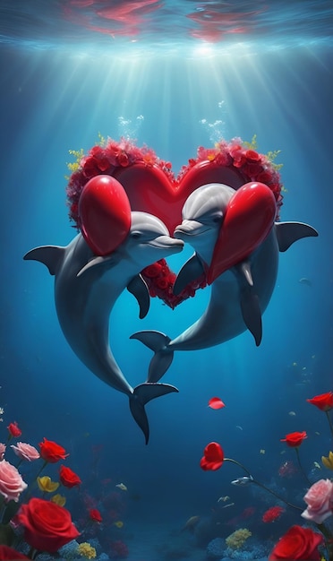 I delfini sullo sfondo di cuori e petali di fiori nuotano sullo sfondo