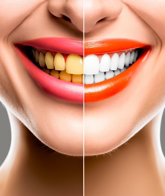 I denti della donna prima e dopo il restyling del dentifricio IA generativa