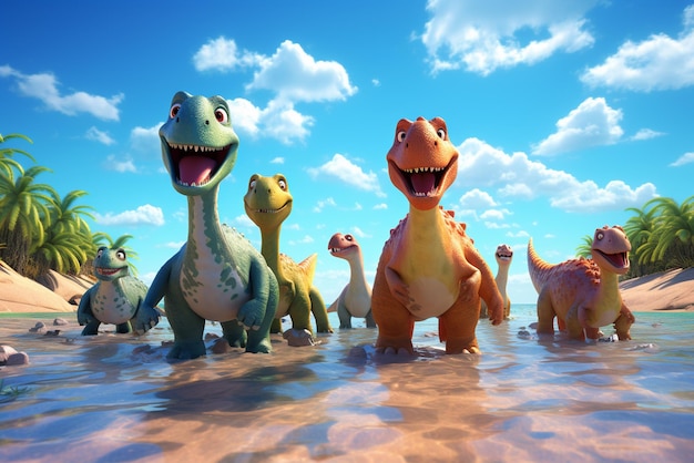 i dinosauri dei cartoni animati sono sulla spiaggia nello stile di ambienti teatrali vibranti