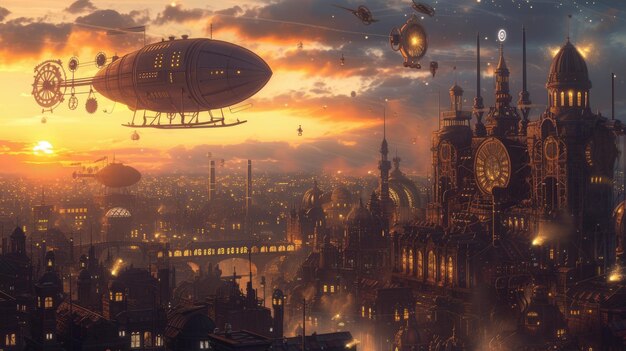 I dirigibili steampunk in un cielo splendente al tramonto