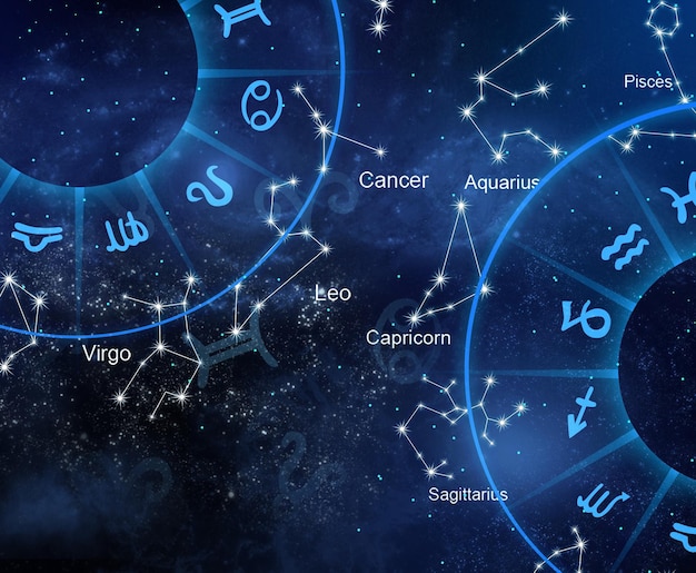 I dodici segni dello zodiaco sono disposti casualmente sullo sfondo del cosmo,