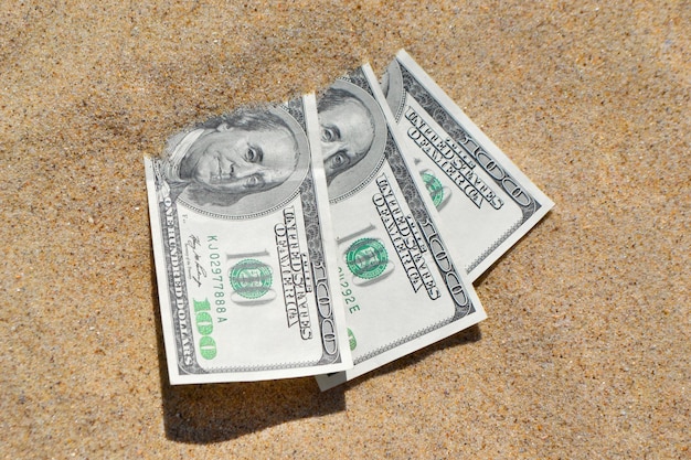 I dollari di denaro ricoperti per metà di sabbia si trovano sul primo piano della spiaggia