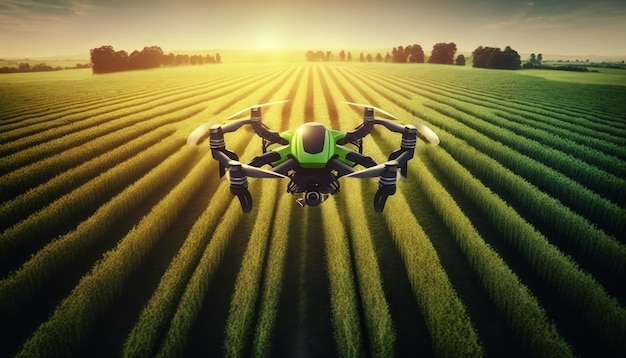 I droni sorvolano i campi agricoli in futuro per automatizzare l'agricoltura in agricoltura Generative Ai