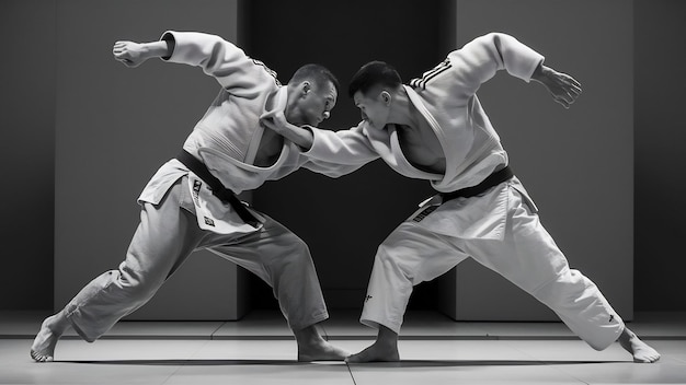 I due combattenti di judoka che posano sul grigio