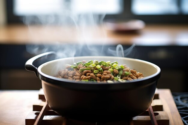 I fagioli natto vengono catturati a metà in una pentola