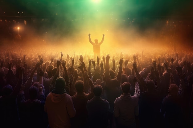 I fan agitano le mani in un concerto di notte foto Generative ai