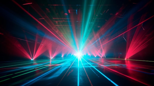 I fasci di luce al neon laser rosso e blu lampeggiano e brillano IA generativa