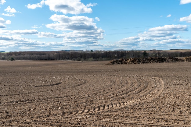 I fertilizzanti biologici naturali giacciono sul campo prima della semina cereali mais segale frumento Agricoltura ecologica e coltivazione di frutta e verdura ecocompatibili