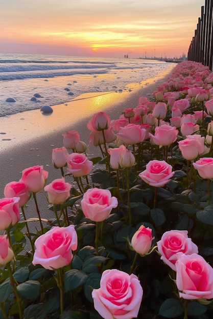 i fiori crescono sulla spiaggia vicino all'oceano al tramonto ai generativo