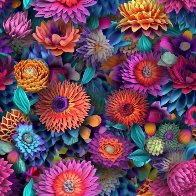 I fiori dai colori vivaci sono disposti in un modello su una parete generativa ai