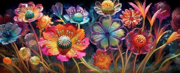 I fiori dai colori vivaci sono in un vaso con gocce d'acqua generative ai