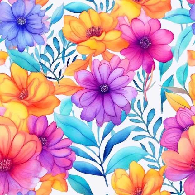 I fiori dai colori vivaci sono su uno sfondo bianco con foglie blu generative ai