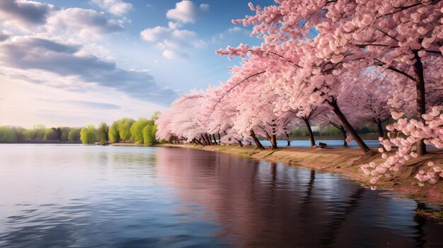 I fiori di ciliegio in piena fioritura lungo una tranquilla riva del fiume