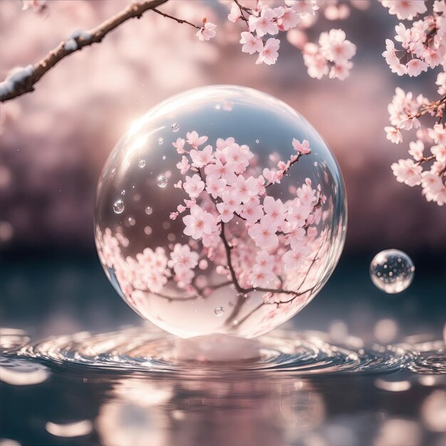 I fiori di ciliegio nella palla d'acqua sospesa nell'aria con riflessi radianti nitidi