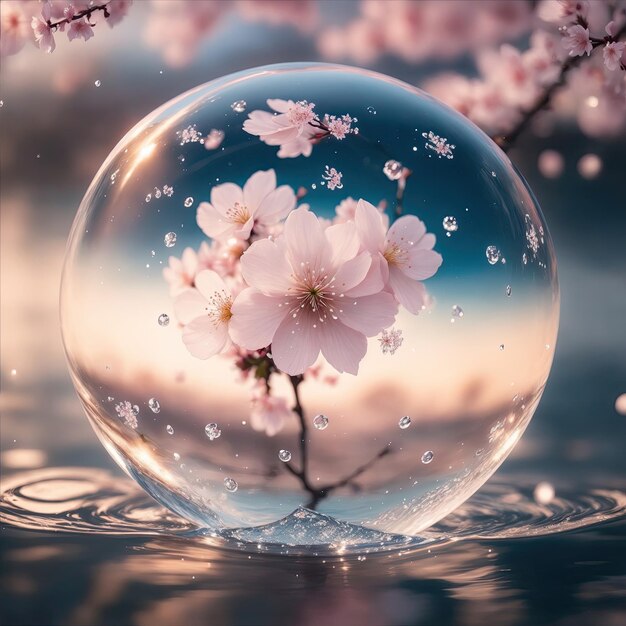 I fiori di ciliegio nella palla d'acqua sospesa nell'aria con riflessi radianti nitidi