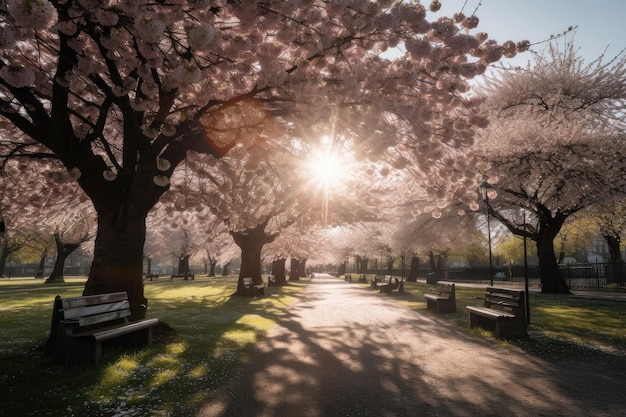 I fiori di ciliegio sbocciano in un parco vuoto con il sole che splende attraverso creato con l'IA generativa