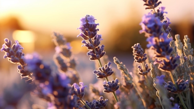 I fiori di lavanda sono in un campo con il sole che tramonta sullo sfondo generativo ai