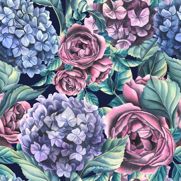 I fiori di ortensia e rosa con foglie sono grandi su uno sfondo scuro Illustrazione ad acquerello Modello senza cuciture della collezione WEDDING FLOWERS Per la decorazione e il design di tessuti di carta