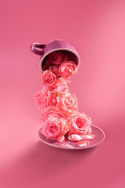 I fiori di rosa volano da una tazza da tè a un piatto. Sfondo rosa con rose volanti.