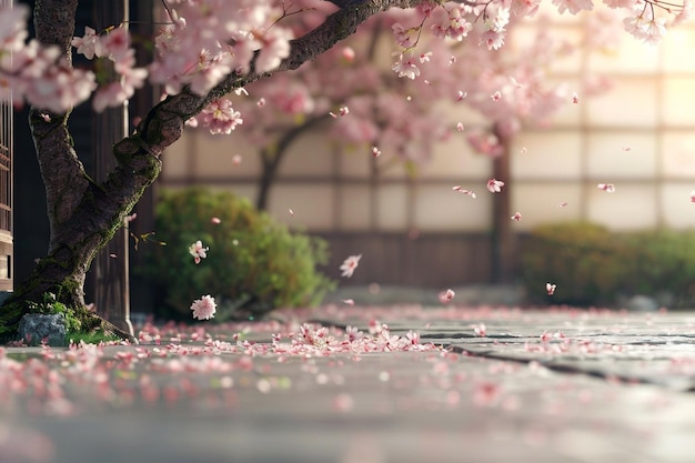 I fiori di sakura cadono in un giardino zen.