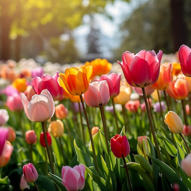 I fiori di tulipano colorati fioriscono nel giardino primaverile sullo sfondo floreale naturale