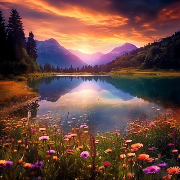 I fiori fioriscono in un campo vicino a un lago al tramonto