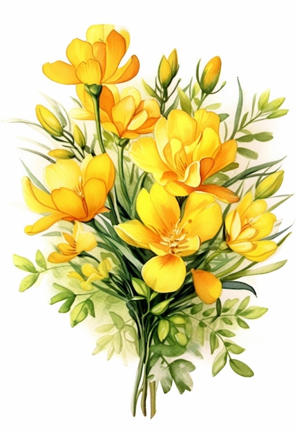 i fiori gialli sono disposti in un mazzo su uno sfondo bianco ai generativo