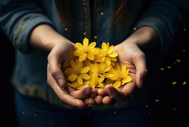 i fiori gialli sono tenuti nelle mani di una persona nello stile dell'empowerment femminile