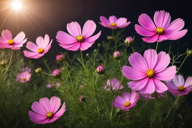 I fiori rosa del cosmo sono bellissimi che fioriscono la sera