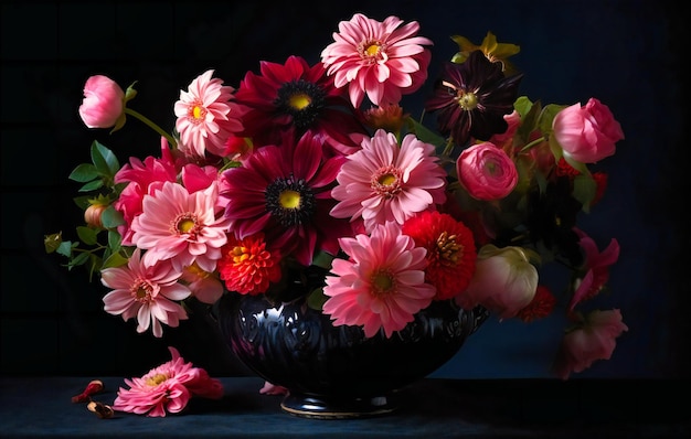 I fiori rosa sono in un vaso sul nero