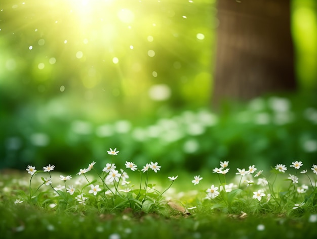 I fiori selvatici bianchi luccicano sotto il luminoso sole estivo in una foresta lussureggiante