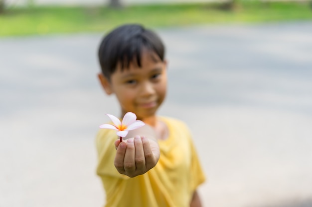 I fiori sono messi nelle mani del ragazzo asiatico.