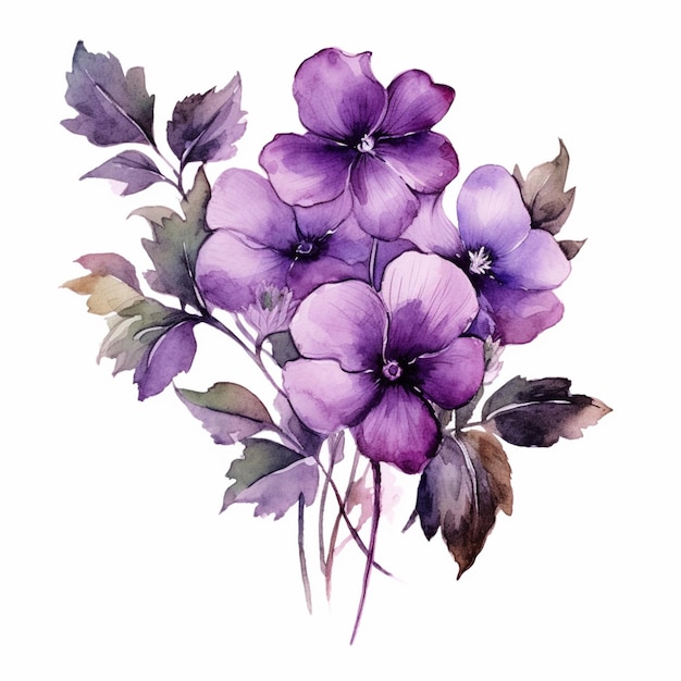 I fiori viola sono dipinti in acquerello su uno sfondo bianco ai generativo