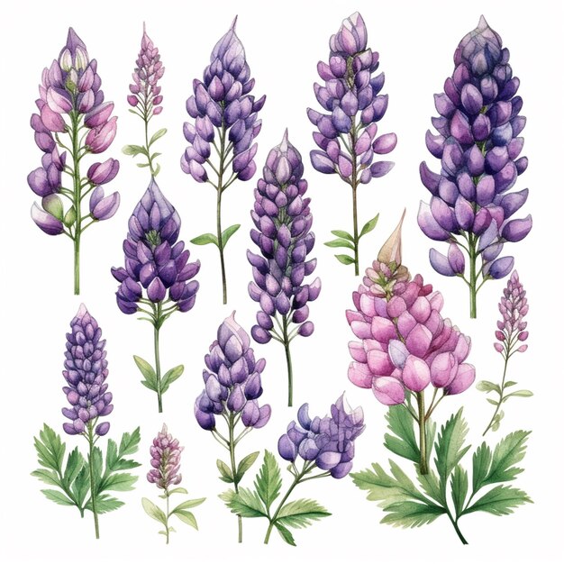 I fiori viola sono dipinti in acquerello su uno sfondo bianco ai generativo