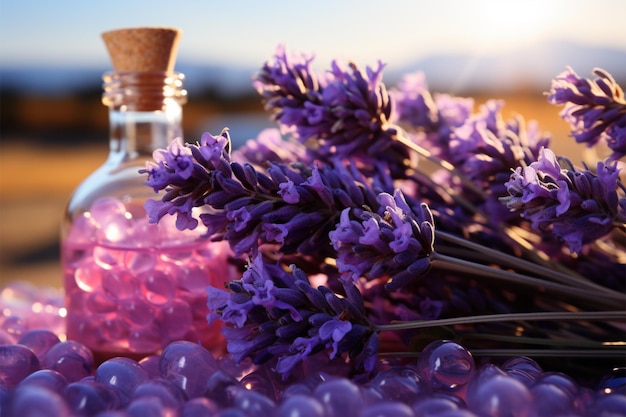 I flaconi panoramici di oli essenziali con vista alla lavanda migliorano l'atmosfera curativa del paradiso dell'aromaterapia