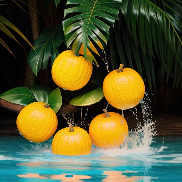 I frutti tropicali cadono in acqua con spruzzi