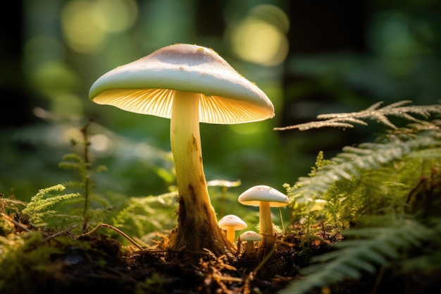 I funghi crescono nella foresta autunnale La raccolta dei funghi sullo sfondo della natura con la luce solare