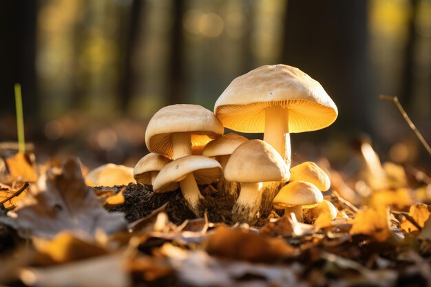 I funghi crescono nella foresta autunnale La raccolta dei funghi sullo sfondo della natura con la luce solare