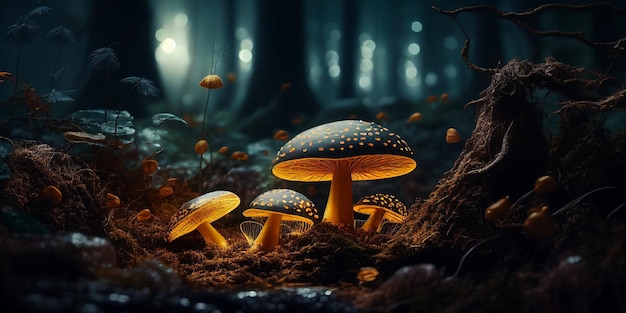 I funghi stanno crescendo dal terreno nel mezzo di una foresta generativa ai