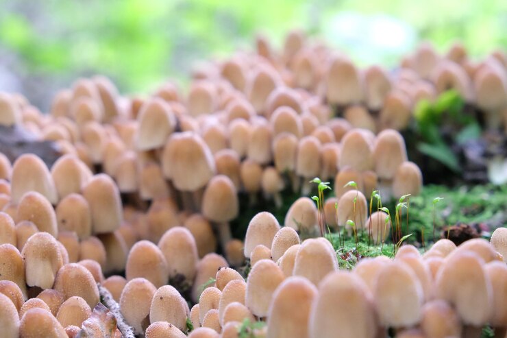 Foto i funghi tra i dettagli del muschio in autunno cadono nella foresta su una lettiera verde