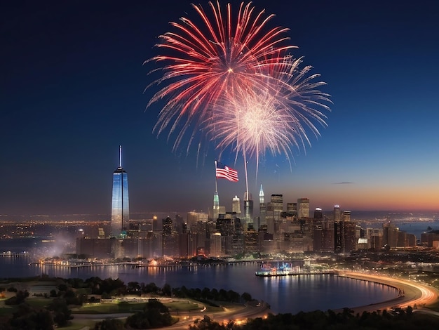 I fuochi d'artificio del 4 luglio sono visti da uno skyline della città di New York