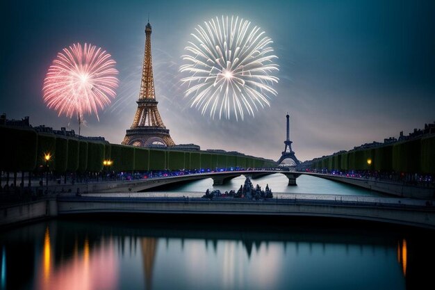 I fuochi d'artificio della Torre Eiffel, il giorno della Bastille, Parigi.