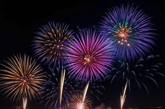 I fuochi d'artificio esplodono nella notte buia con colori diversi che illuminano la celebrazione del nuovo anno.