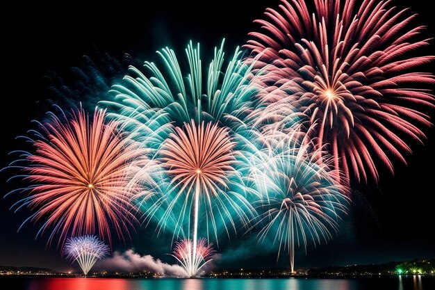 I fuochi d'artificio esplodono nella notte buia diversi colori illuminano la celebrazione