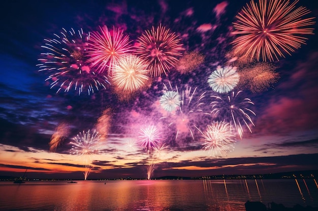 I fuochi d'artificio esplodono su un lago in una città.