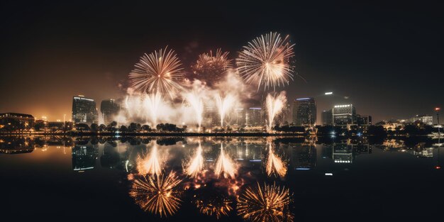 I fuochi d'artificio esplodono sullo skyline della città di notte