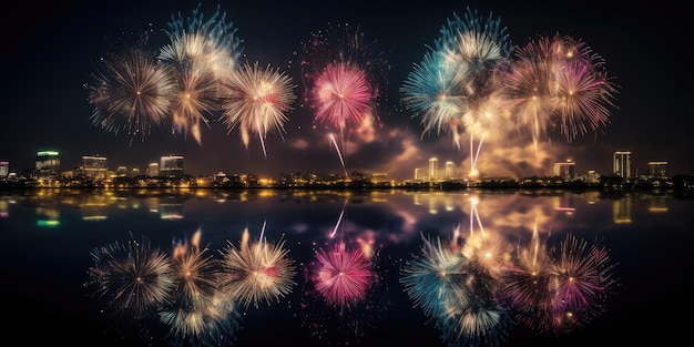 I fuochi d'artificio esplodono sullo skyline della città di notte