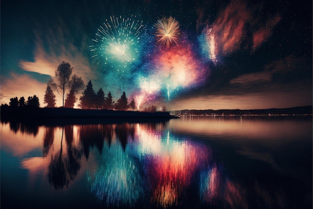 I fuochi d'artificio sono accesi nel cielo notturno sopra un lago generativo ai