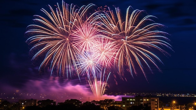 I fuochi d'artificio sono accesi nel cielo notturno sopra una città generativa ai